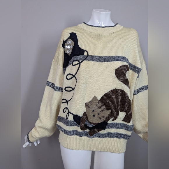 Vintage René Derhy Cat Sweater M Cream Wool Blend Knit 80s 90s France Novelty Ki - Picture 2 of 10